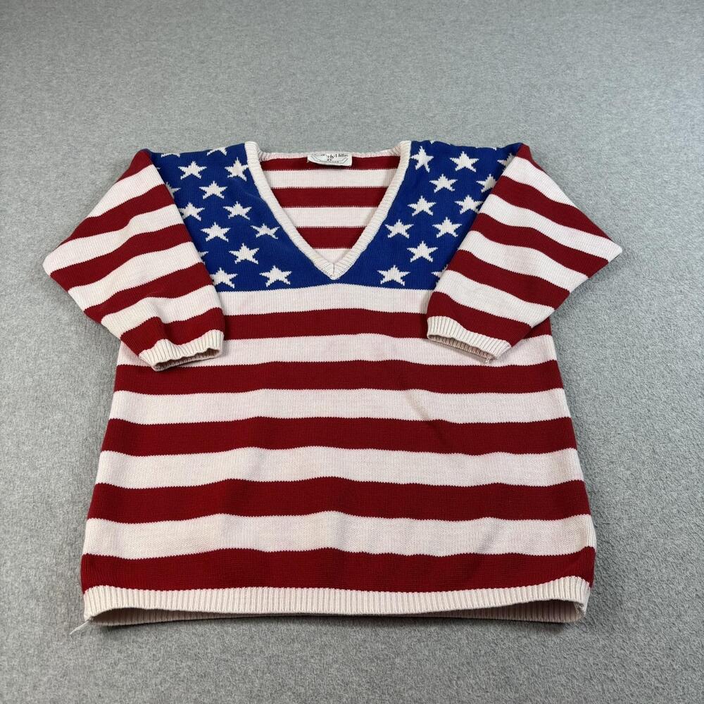Vintage Beverly Hills II Sweater Women Medium Red White Blue Flag USA Patriotic